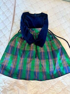 Sweet Pea Navy and Green Plaid Velvet Bodice Dress